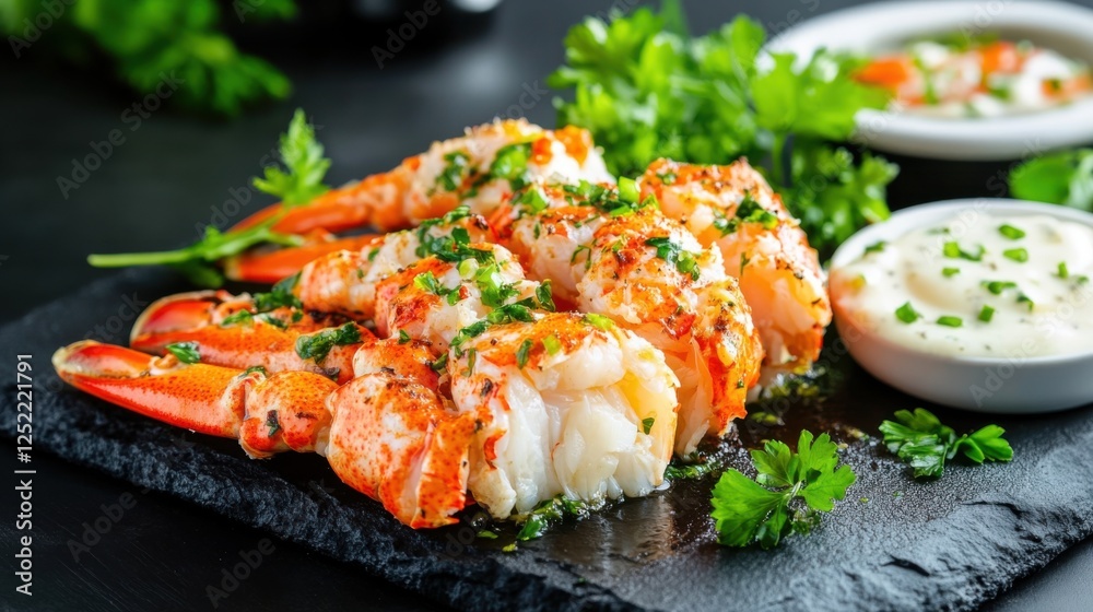 Freshly Cooked Lobster Tail Platter with Garlic Butter and Herbs Freshly Cooked Lobster Tail Platter with Garlic Butter and Herbs