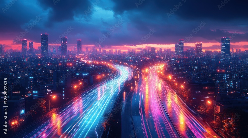 Fototapeta premium Futuristic Cityscape with Neon Lights and Dynamic Motion Effects
