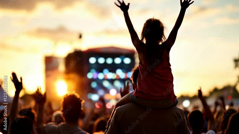 Silhouetted Child on Father's Shoulders at Sunset Concert