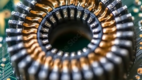 Close-up shot of an advanced ferrite material at the center of a circuit board, surrounded by a circle on the top and bottom. The intricate details, such as grooves and metal components photo