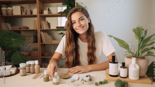 Young woman creating organic cosmetics in her home studio workspace