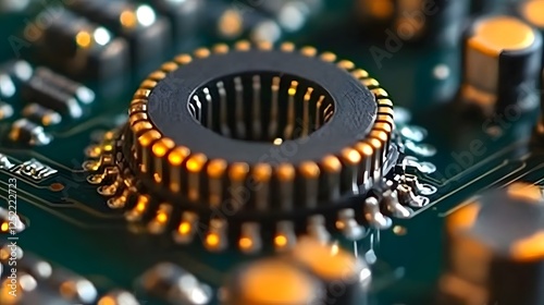 Close-up shot of an advanced ferrite material at the center of a circuit board, surrounded by a circle on the top and bottom. The intricate details, such as grooves and metal components