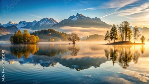 Reflections of trees on lake Lucerne water at sunrise with misty mountains , mountain range, sun rise