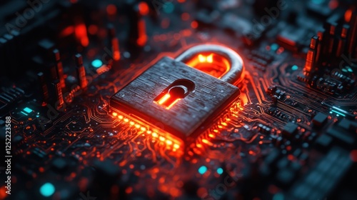 Futuristic Digital Padlock on Circuit Board for Cyber Security and Data Protection Against Hackers