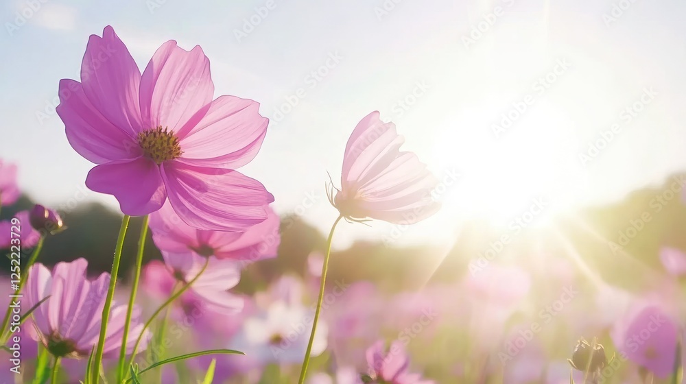Fototapeta premium Pink Cosmos Flowers Blooming In Sunny Field