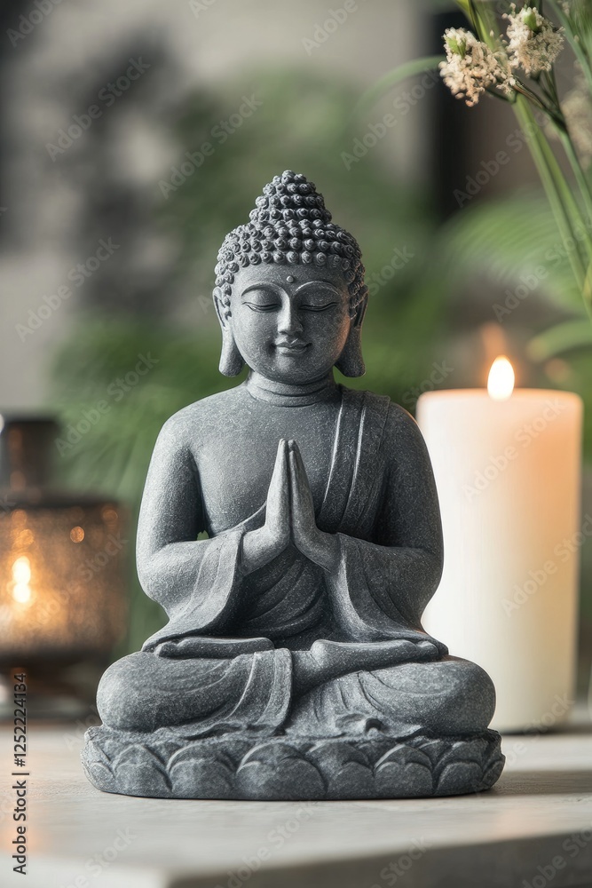 Fototapeta premium Serene grey Buddha statue meditating, candles and plants background, home decor