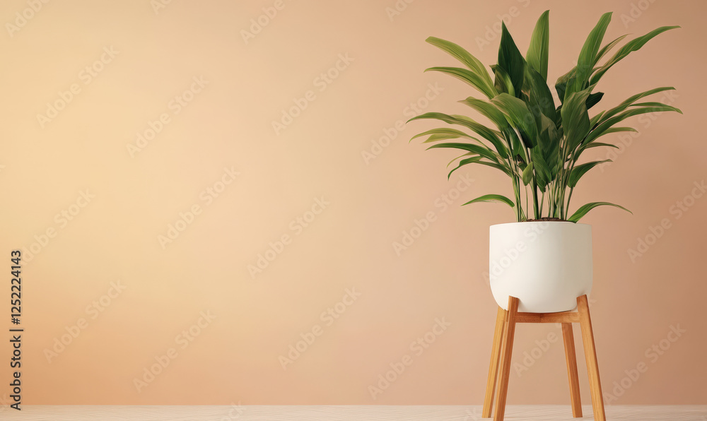 There is a pot of green plants on the shelf by the wall There is a pot of green plants on the shelf by the wall
