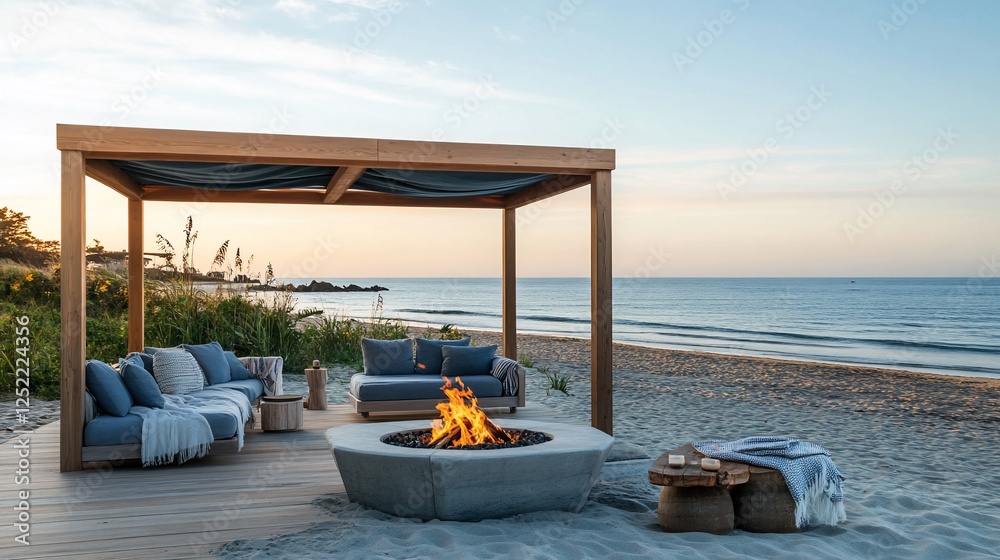 Fototapeta premium Beachfront fire pit sunset relaxation luxury