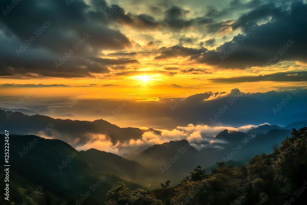 Obraz premium Majestic sunrise over misty mountain peaks with vibrant golden and orange hues illuminating the clouds. Concept of tranquility, inspiration, and natural wonder.