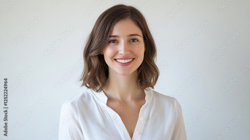 Portrait of a woman with brown hair wearing a white blouse smiling in front of a plain background Portrait of a woman with brown hair wearing a white blouse smiling in front of a plain background