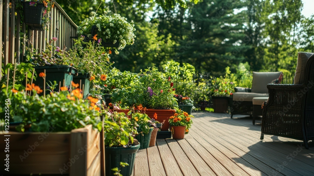 Obraz premium A backyard deck lined with containers of vegetables, flowers, and herbs, with outdoor furniture nearby.