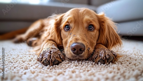 Muddy Dog on Carpet Needs Cleanup and Stain Removal for Pet Hygiene and Deep Cleaning Solutions in Living Room photo