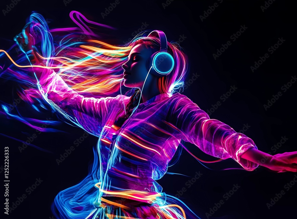 Neon-colored girl dancing with headphones on an isolated black background, close-up portrait