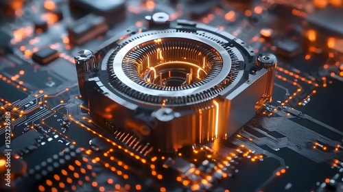 Close-up of an Electric Motor on a Circuit Board with Orange and Black Colors, Featuring Visible Metal Inlay and Glowing Elements, Creating a Futuristic Digital Interface Concept for Advanced photo