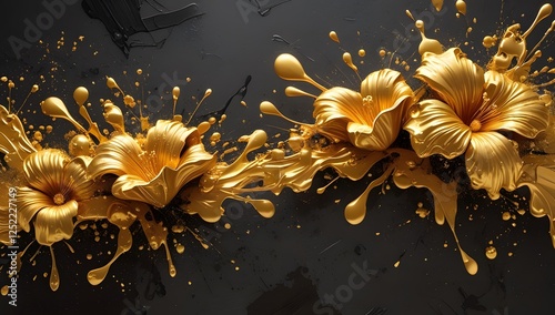 Vibrant golden paint splatters, resembling abstract floral patterns