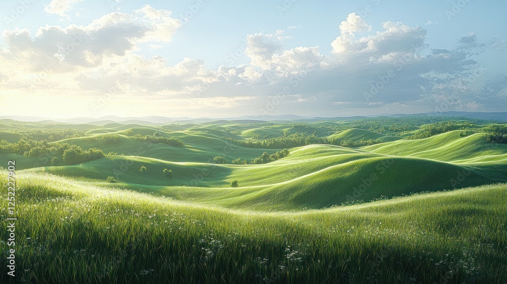 Fototapeta premium Serene Green Landscape of Rolling Hills with Lush Grass and Dappled Sunlight