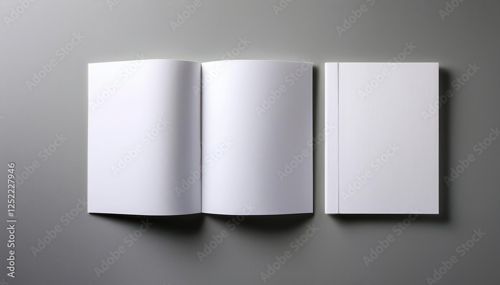 Open and closed blank brochures on soft grey background showcase elegance and simplicity Open and closed blank brochures on soft grey background showcase elegance and simplicity