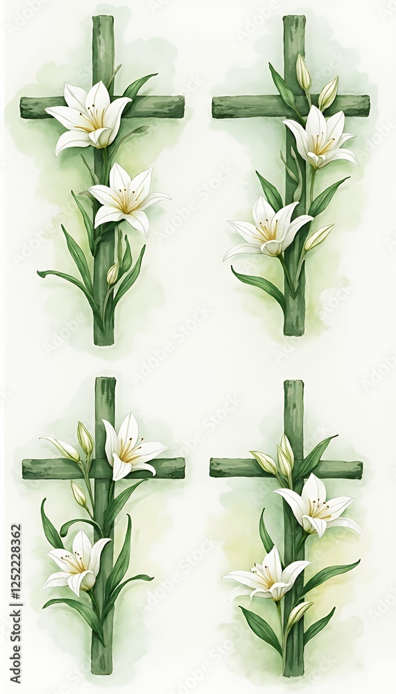 lily a green epiphany illustration easter postcards made leaves set flowers christian packaging watercolor christening invitations white crosses christianity flower watercolor decoration floral cross
