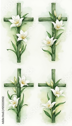 Obraz na płótnie lily a green epiphany illustration easter postcards made leaves set flowers christian packaging watercolor christening invitations white crosses christianity flower watercolor decoration floral cross w salonie