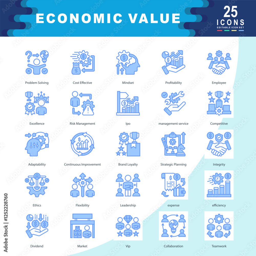 Economic Value icon set containing Problem Solving, Cost Effective, Mindset, Profitability, Employee, Excellence, Risk, Ipo, management service, Competitive, Adaptability icon. Simple vector Economic Value icon set containing Problem Solving, Cost Effective, Mindset, Profitability, Employee, Excellence, Risk, Ipo, management service, Competitive, Adaptability icon. Simple vector
