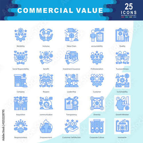 Commercial Value icon set containing Reliability, Inclusive, Value Chain, accountability, Quality, Social Responsibility, benefit, Professionalism, Trustworthiness icon. Simple vector