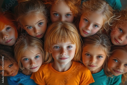 Cheerful children playing together with smiles and friendship in colorful shirts enjoying a sunny day