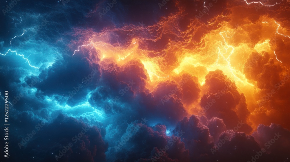 Dramatic stormy sky with turbulent clouds and vivid lightning illuminating the sun behind, atmospheric weather landscape Dramatic stormy sky with turbulent clouds and vivid lightning illuminating the sun behind, atmospheric weather landscape