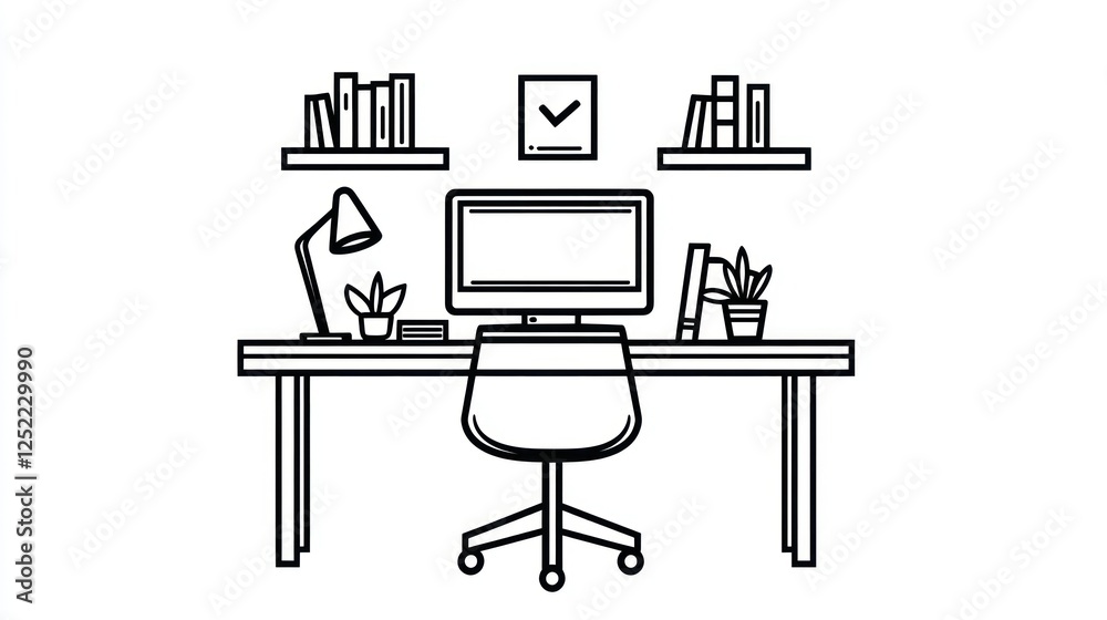 Simple outline drawing of a home office workspace Simple outline drawing of a home office workspace