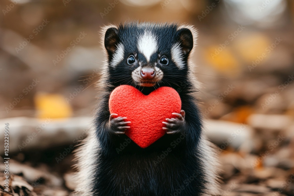 Obraz premium Digital ads animal visual idea. Skunk - my preferred animal. Cute skunk baby with critter toy red heart on in a natural habitat. Romantic moment in the wild. Romantic wildlife photography.