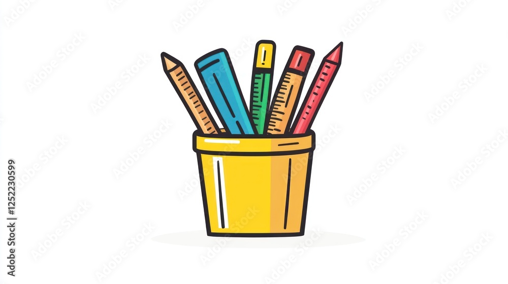 Obraz premium Colorful pencils and rulers in a yellow cup