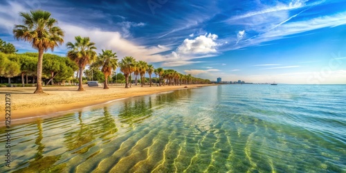 A scenic view of a sandy beach with palm trees and crystal-clear water in Lignano Sabbiadoro , beach, turism photo