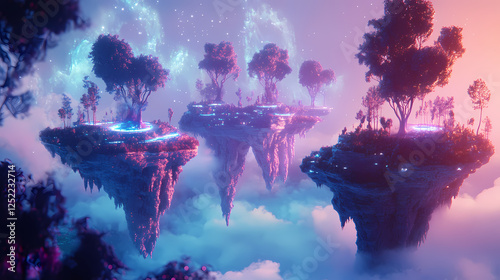 Enchanting realm of reversed gravity a dreamlike sci fi landscape with floating islands and ethereal forests. Reversed Physics Worlds. Illustration photo