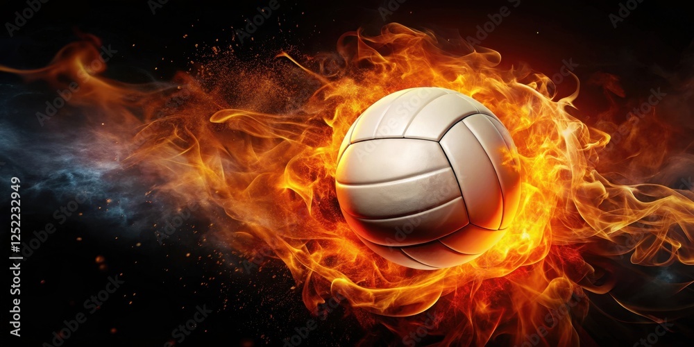 Naklejka premium A volleyball is engulfed in flames on a dark black background with intense orange and red hues surrounding the ball as it appears to be on fire, athletic action, fiery atmosphere