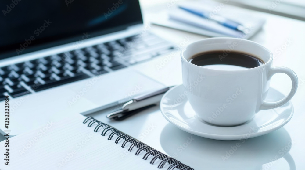 Coffee Cup on Table with Laptop and Notepad in Bright Workspace