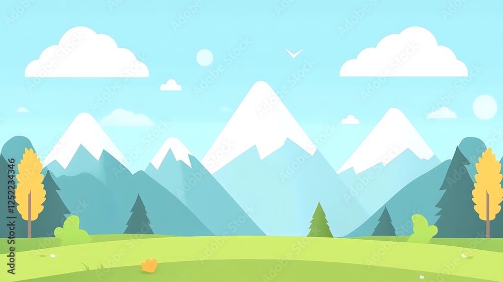 Fototapeta premium Serene Mountain Landscape With Green Meadow And Trees