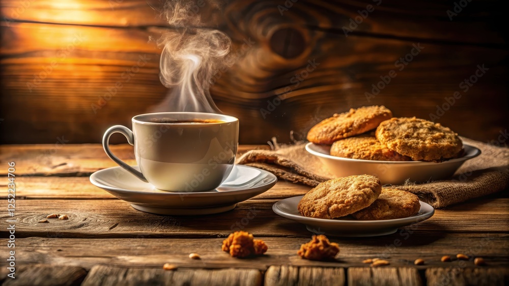 Warm light pours over a steaming cup of coffee and a plate of crumbly cookies on a rustic wooden table, inviting relaxation in a cozy atmosphere, interior design, cup of coffee Warm light pours over a steaming cup of coffee and a plate of crumbly cookies on a rustic wooden table, inviting relaxation in a cozy atmosphere, interior design, cup of coffee