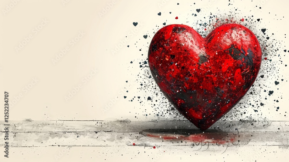 Red Abstract Heart with Paint Splatter on Wood Background, Love and Valentine s Day Concept with Copy Space Red Abstract Heart with Paint Splatter on Wood Background, Love and Valentine s Day Concept with Copy Space