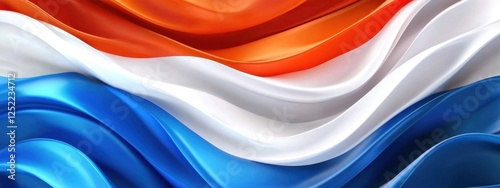 Abstract Waving Flag Design Netherlands Inspired Tricolor Blue White Orange Flowing Fabric Texture Background photo