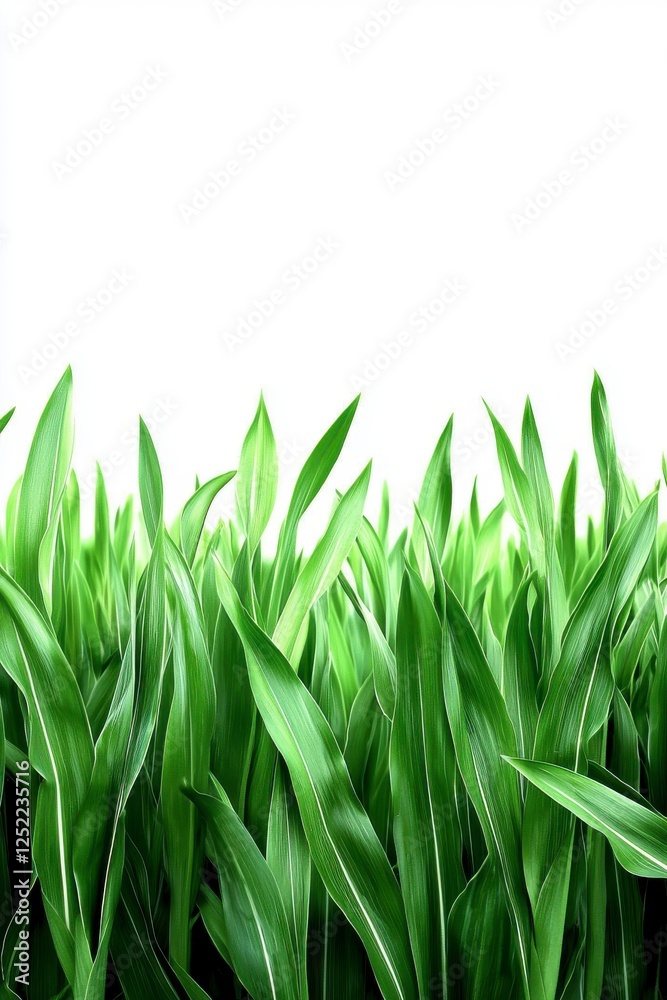 Vibrant Green Grass with Fresh Leaves Against a Bright White Background for Nature and Landscape Design Vibrant Green Grass with Fresh Leaves Against a Bright White Background for Nature and Landscape Design
