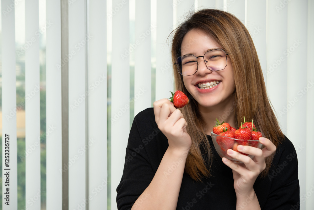 Woman eat strawberry red berry fruit sweet juicy Woman eat strawberry red berry fruit sweet juicy