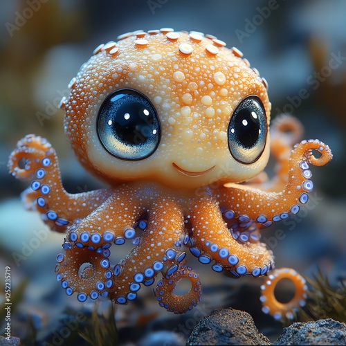 A charming and whimsical illustration of a cute octopus with large eyes, showcasing vibrant colors and tiny details that bring this sea creature to life, set in an underwater envir photo