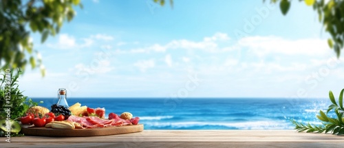 Fresh Gourmet Picnic Spread by the Ocean on a Bright Sunny Day