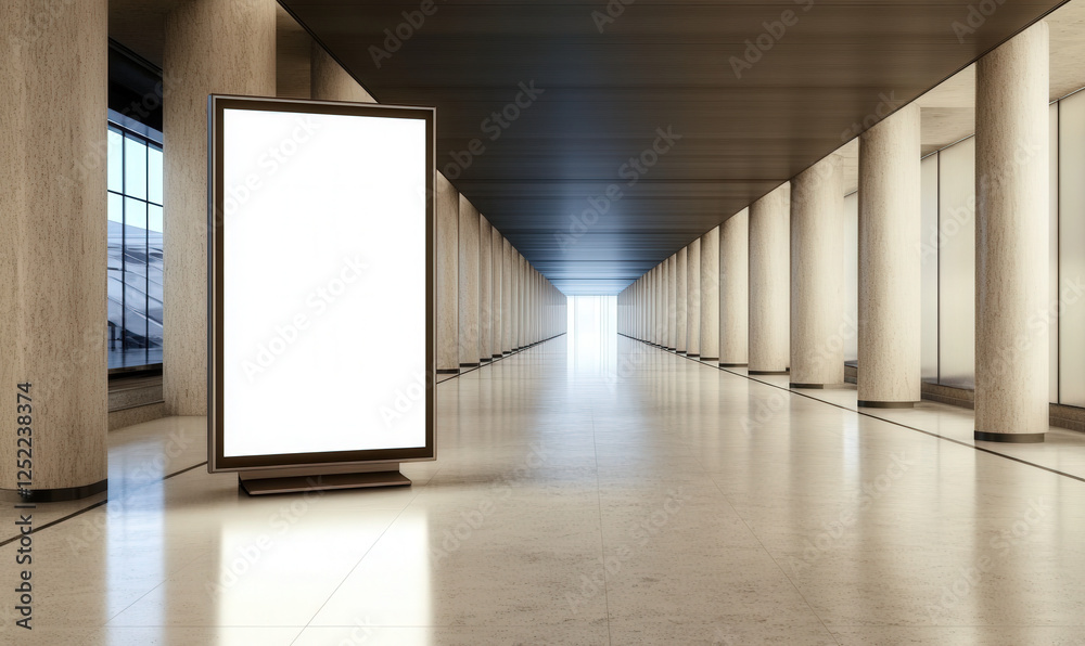 There is a large blank billboard in the lobby corridor There is a large blank billboard in the lobby corridor