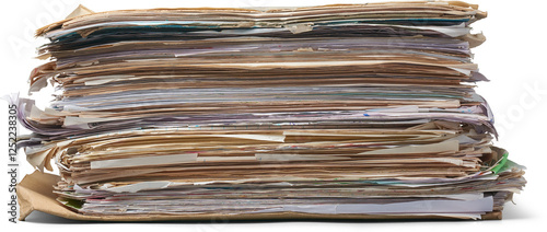 Foto stack of documents, pile of old used disorganized papers stored isolated white b