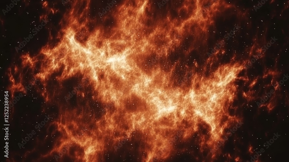 Naklejka premium Fiery Cosmic Nebula Formation With Distant Stars in Deep Space Background Celestial Phenomenon.