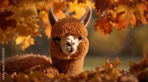 Autumn Alpaca Portrait Farm Animal in Fall Leaves