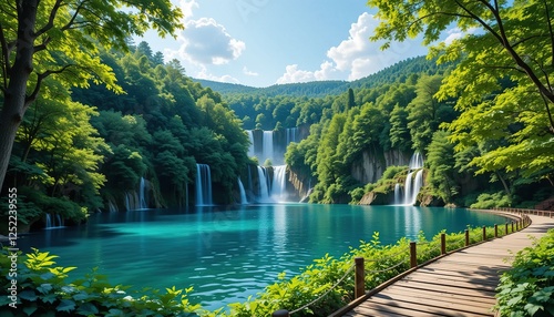 a stunning turquoise lake surrounded by lush green forests, multiple cascading waterfalls, and a serene wooden pathway, creating a peaceful and picturesque nature escape.
