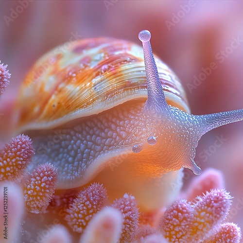 A beautifully detailed close-up of a colorful sea snail resting on a vibrant coral, showcasing its intricate shell pattern and delicate tentacles in a tranquil underwater environme photo