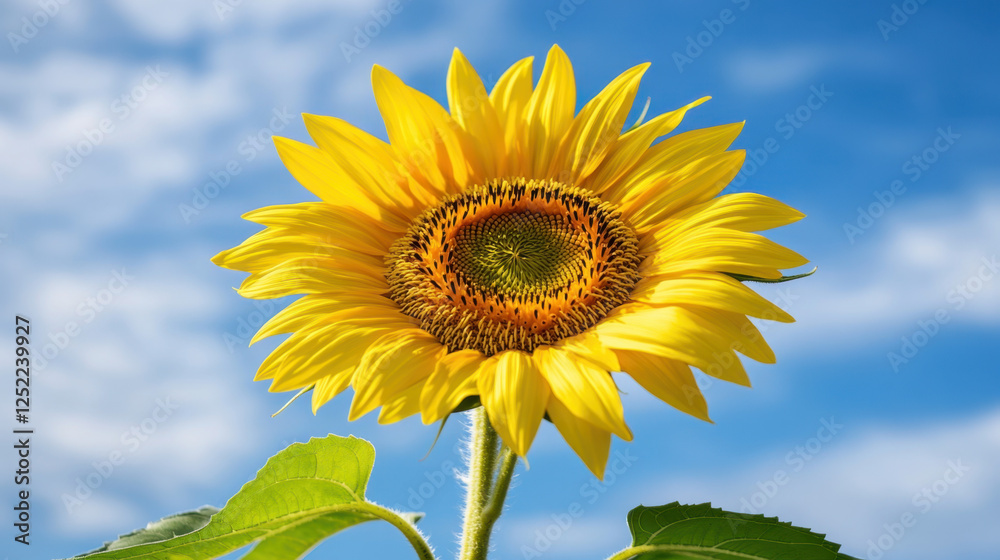 Bright Sunflower Bloom Against a Clear Blue Sky with Soft Clouds