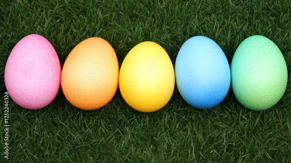 Five Colorful Easter Eggs Placed On Green Grass For Spring Celebration Holiday Decorations. Five Colorful Easter Eggs Placed On Green Grass For Spring Celebration Holiday Decorations.